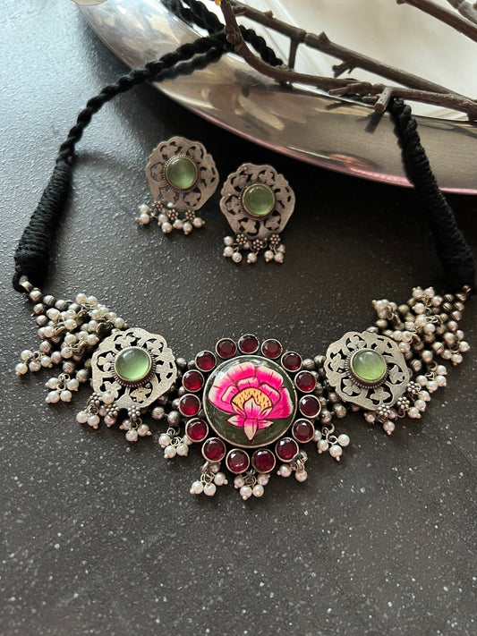 Elegant Vintage Artistic Necklace with Hand-Painted Centerpiece and Studs